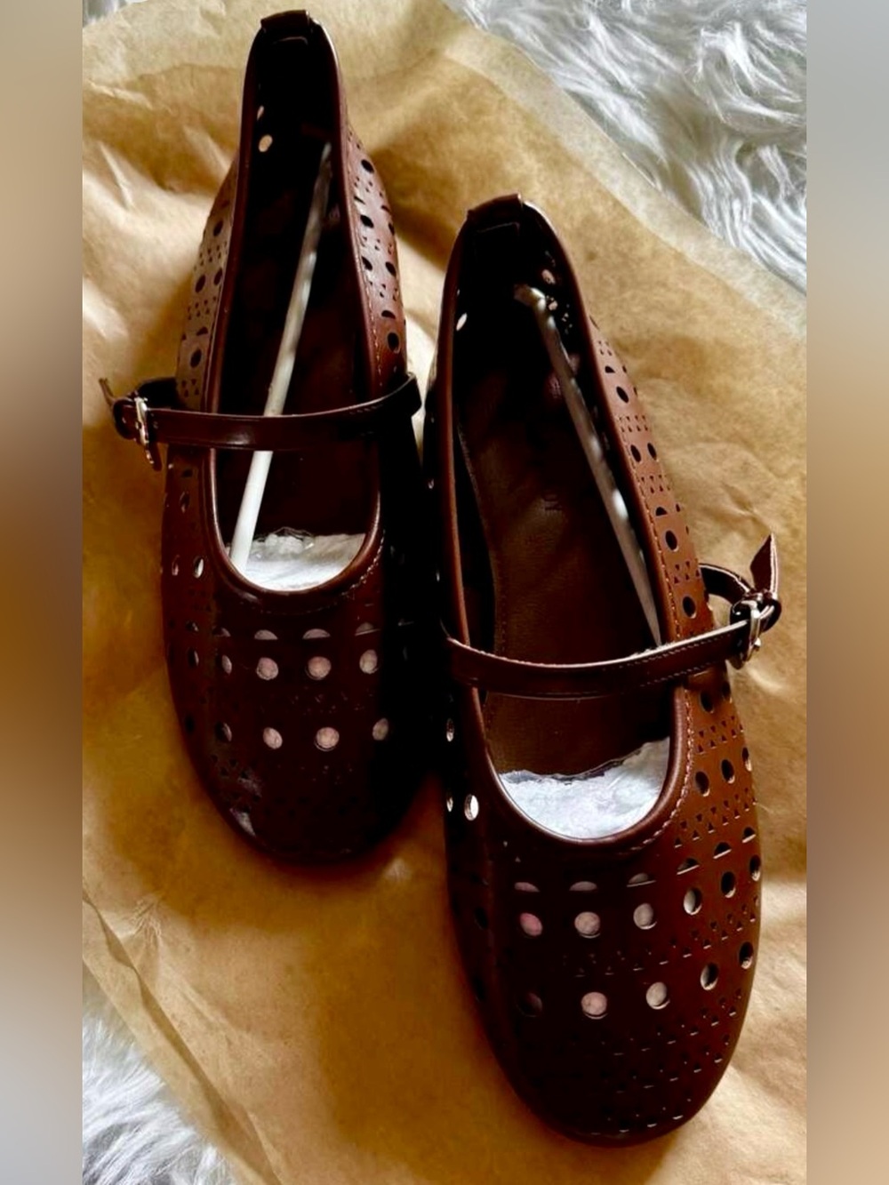 Brown Laser-Cut Mary Jane Flats, US 8, New Without Tags